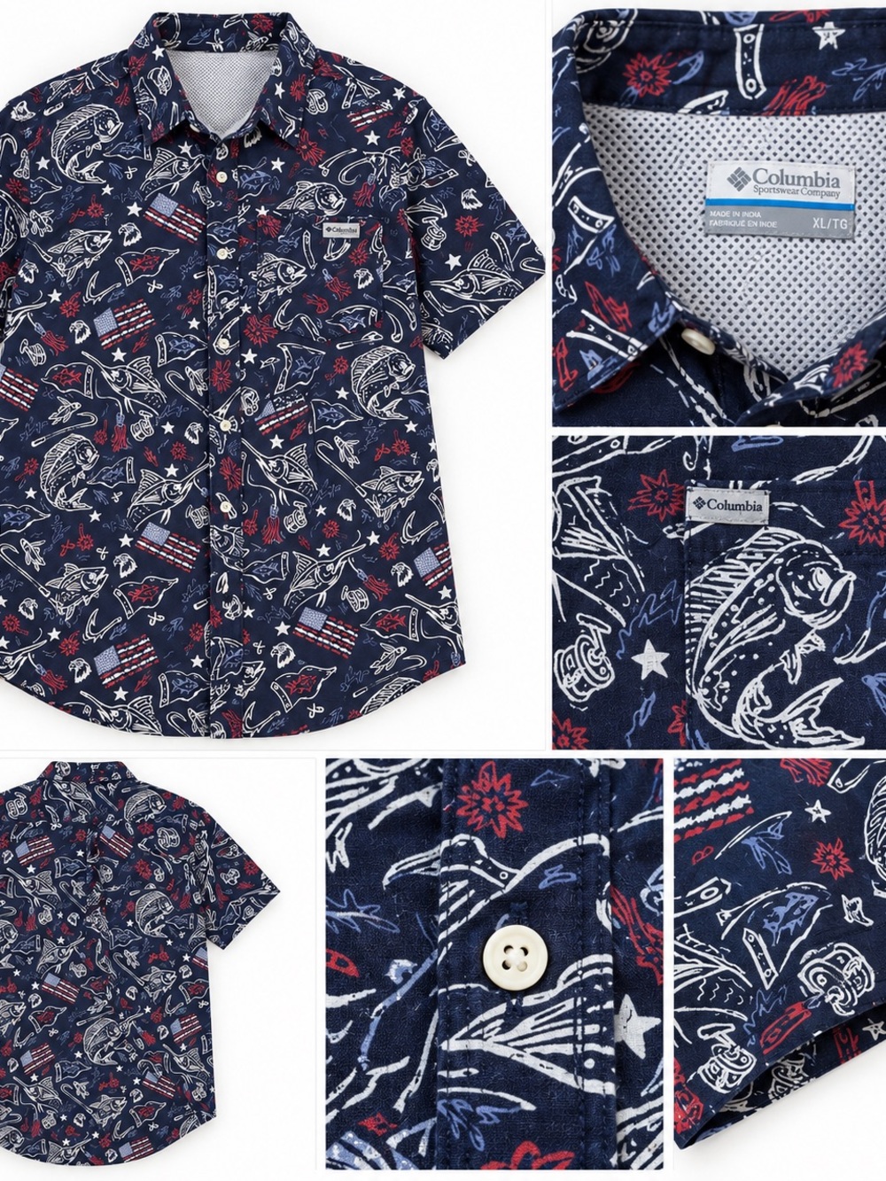Columbia Navy Short-Sleeve Button-Up Shirt with Red and White Print